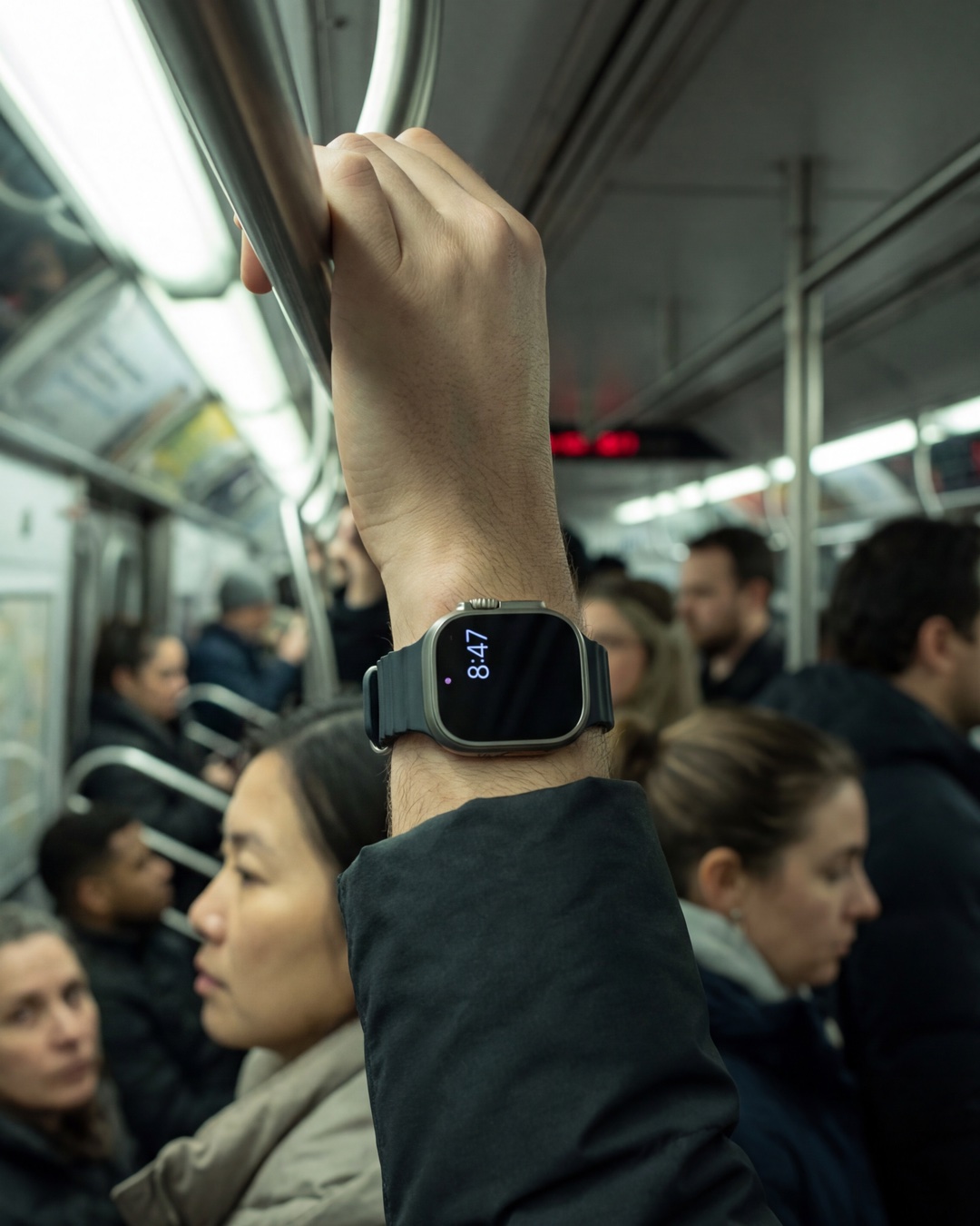 Apple Watch in a crowd with a private Cryptograph wallet